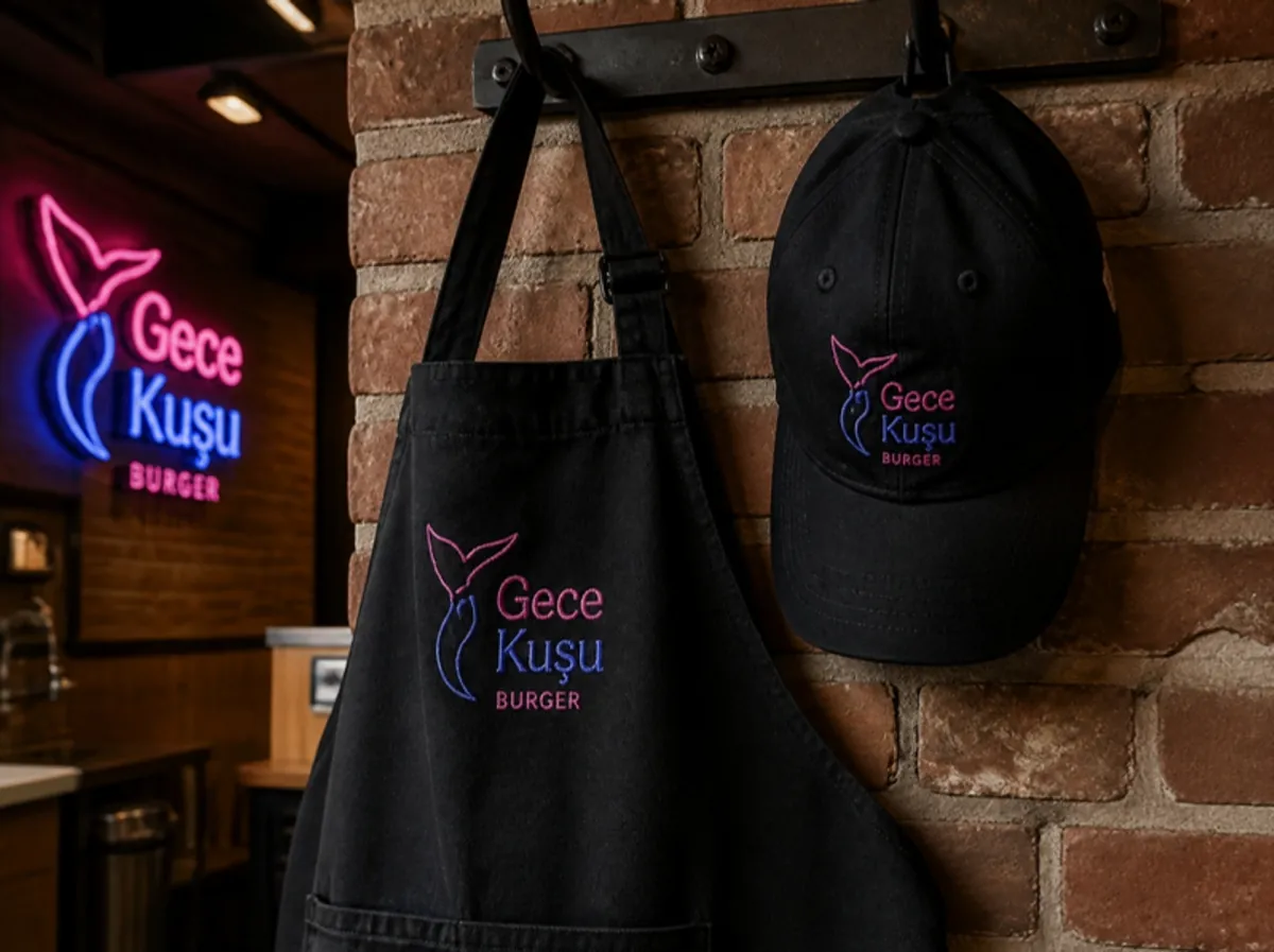 Gece Kuşu Burger nakışlı önlük ve şapka